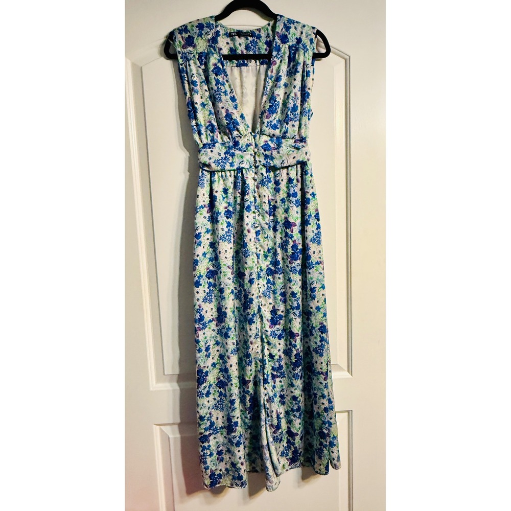 Zara Floral Maxi Dress Size M Blue Green Button Front Smocked Boho Romantic Tea